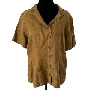 FLAX Linen Brown Button Down Top Short Sleeves
